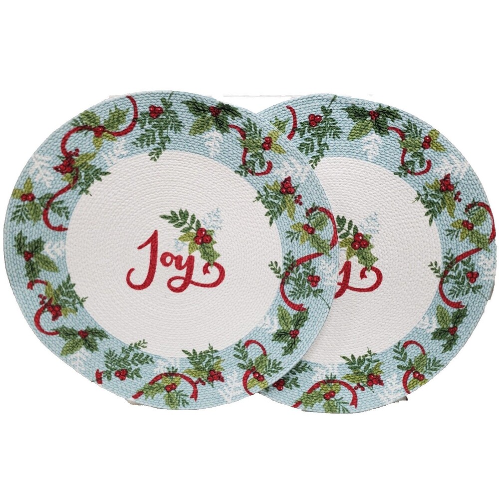 Set of 2 Kitchen Round Braided Placemats(14.5")CHRISTMAS JOY & HOLLY BERRIES,KDD